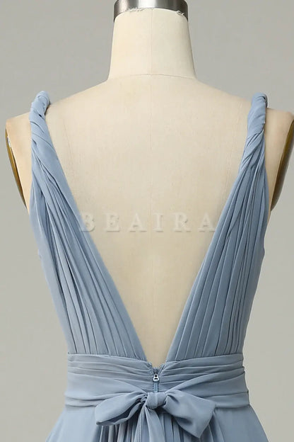 Beaira Dusty Blue A Line Deep V Neck Chiffon Bridesmaid Dress Bridesmaid dress shop