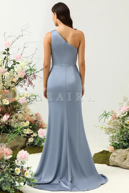 Beaira Dusty Blue Mermaid One Shoulder Ruched Bright Satin Bridesmaid Dress Bridesmaid dress shop