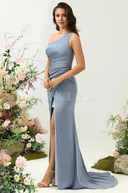 Beaira Dusty Blue Mermaid One Shoulder Ruched Bright Satin Bridesmaid Dress Bridesmaid dress shop