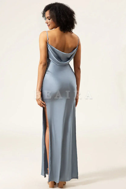 Beaira Dusty Blue Sheath Spaghetti Straps Cowl Neck Satin Long Bridesmaid Dress Bridesmaid dress shop