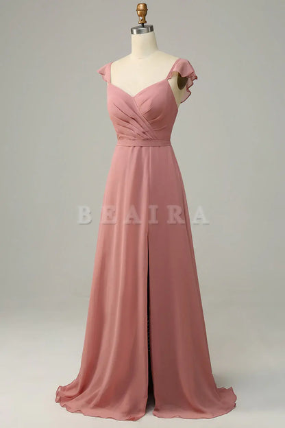 Beaira Dusty Rose A Line Ruffles Long Chiffon Bridesmaid Dress With Slit Bridesmaid dress shop