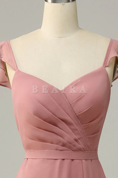 Beaira Dusty Rose A Line Ruffles Long Chiffon Bridesmaid Dress With Slit Bridesmaid dress shop