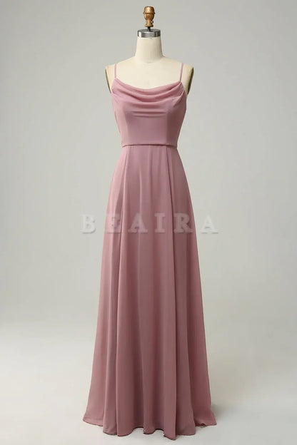 Beaira Dusty Rose A Line Spaghetti Straps Sleeveless Chiffon Bridesmaid Dress Bridesmaid dress shop