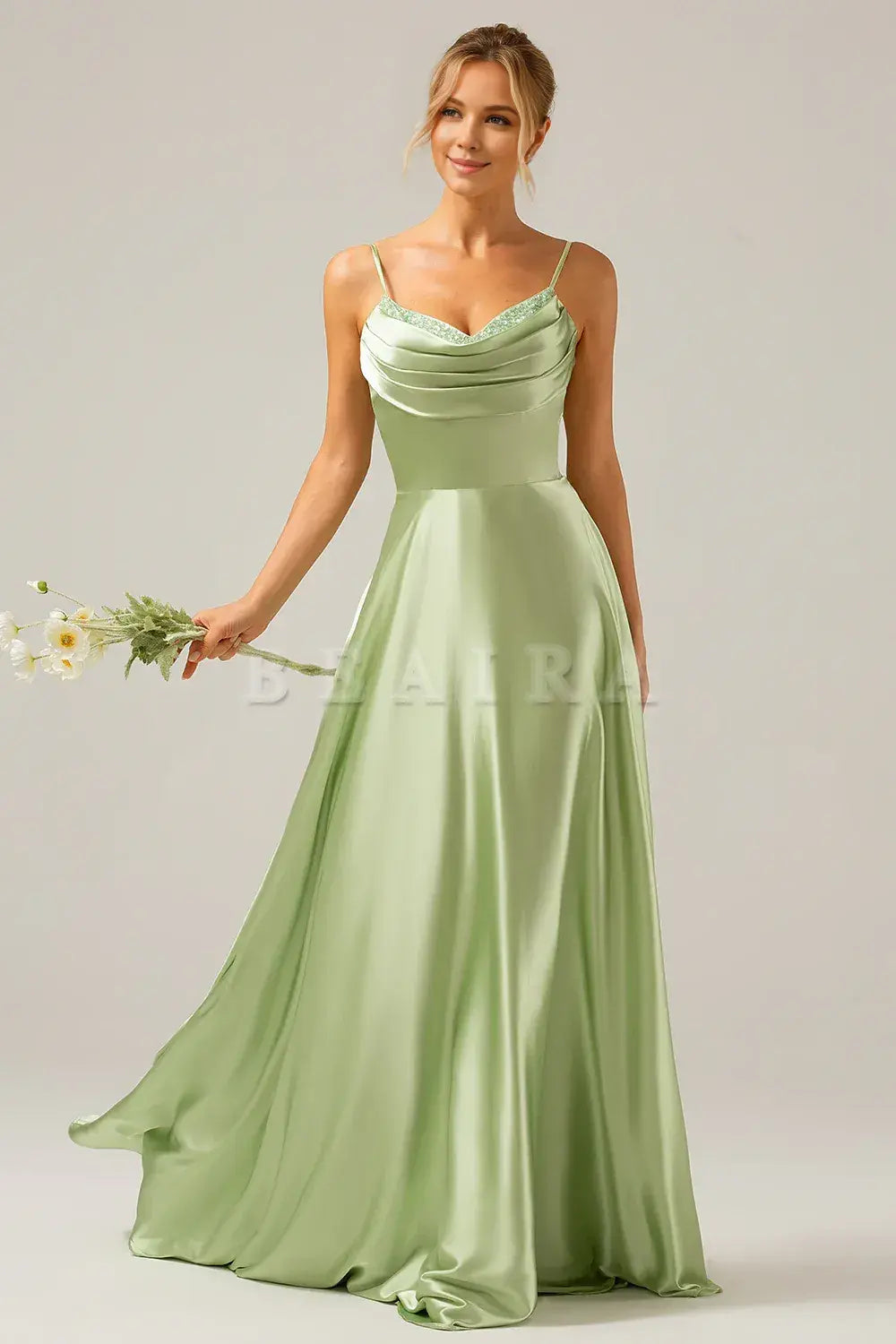 Beaira Dusty Sage A-Line Cowl Neck Spaghetti Straps Bridesmaid Dress With Sequins Bridesmaid dress shop