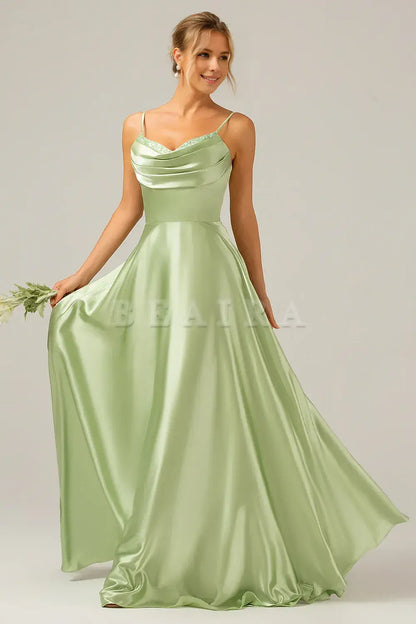 Beaira Dusty Sage A-Line Cowl Neck Spaghetti Straps Bridesmaid Dress With Sequins Bridesmaid dress shop