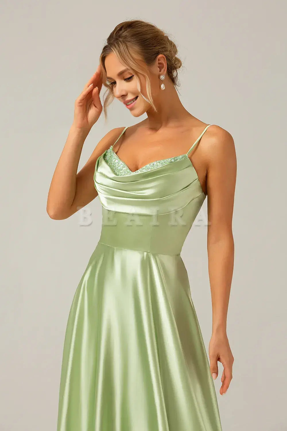 Beaira Dusty Sage A-Line Cowl Neck Spaghetti Straps Bridesmaid Dress With Sequins Bridesmaid dress shop