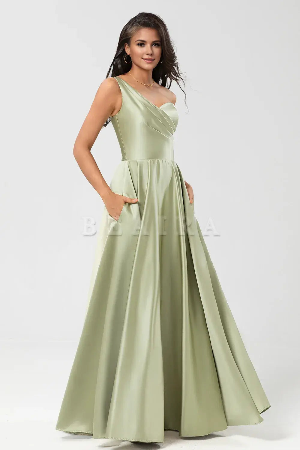 Beaira Dusty Sage A-Line One Shoulder Ruched Satin Bridesmaid Dress with Pocket Bridesmaid dress shop