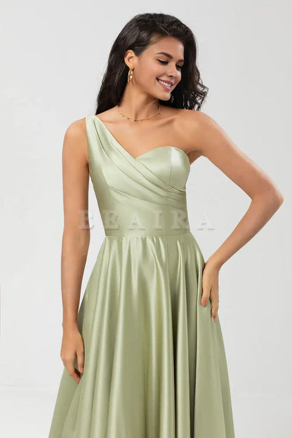 Beaira Dusty Sage A-Line One Shoulder Ruched Satin Bridesmaid Dress with Pocket Bridesmaid dress shop