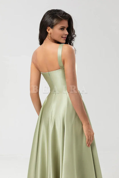 Beaira Dusty Sage A-Line One Shoulder Ruched Satin Bridesmaid Dress with Pocket Bridesmaid dress shop
