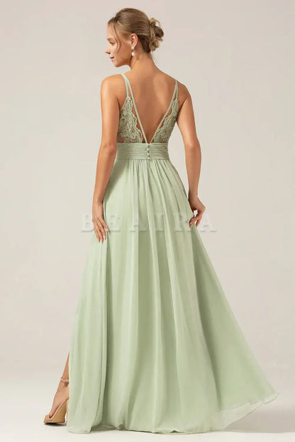 Beaira Dusty Sage A-Line Spaghetti Straps Pleated Chiffon Maternity Bridesmaid Dress With Slit Bridesmaid dress shop