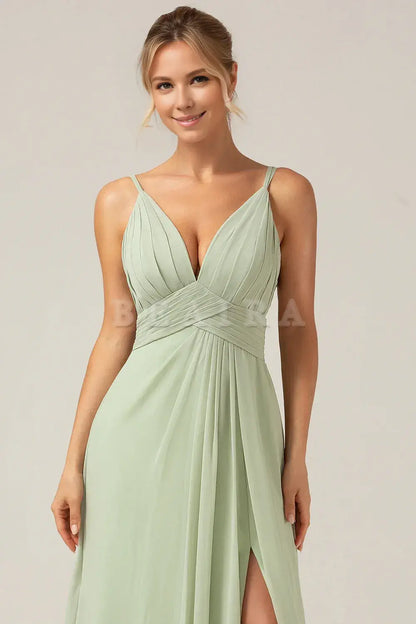 Beaira Dusty Sage A-Line Spaghetti Straps Pleated Chiffon Maternity Bridesmaid Dress With Slit Bridesmaid dress shop