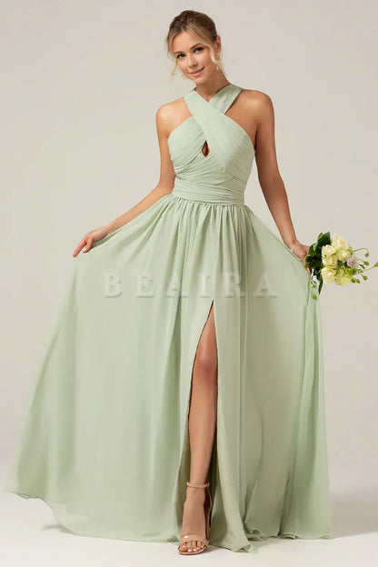 Beaira Dusty Sage A Line Halter Pleated Long Maternity Bridesmaid Dress Bridesmaid dress shop