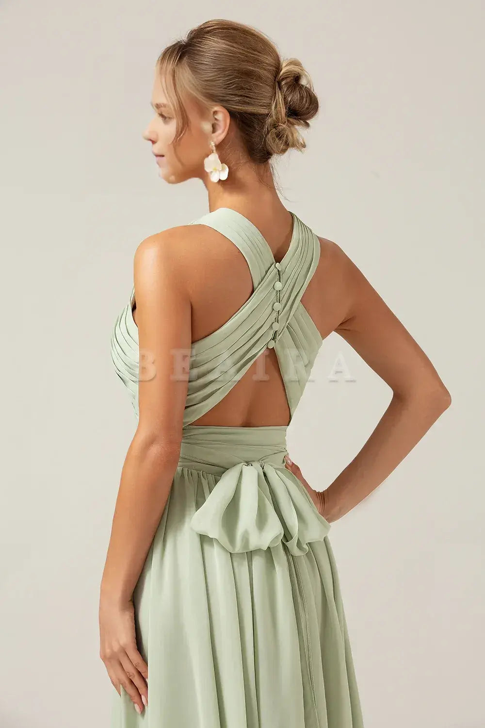 Beaira Dusty Sage A Line Halter Pleated Long Maternity Bridesmaid Dress Bridesmaid dress shop