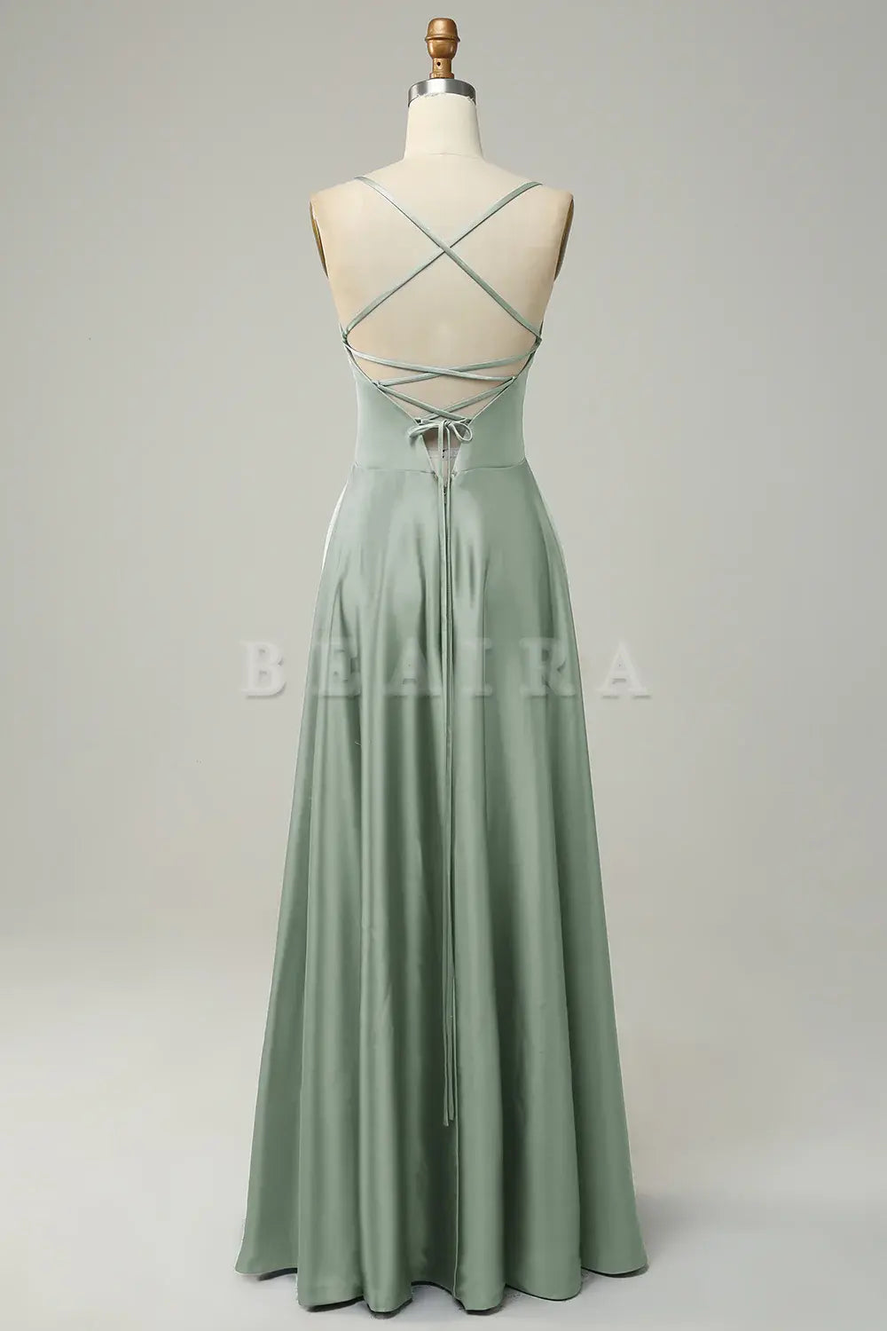 Beaira Dusty Sage A Line Spaghetti Straps Backless Satin Bridesmaid Dress Bridesmaid dress shop