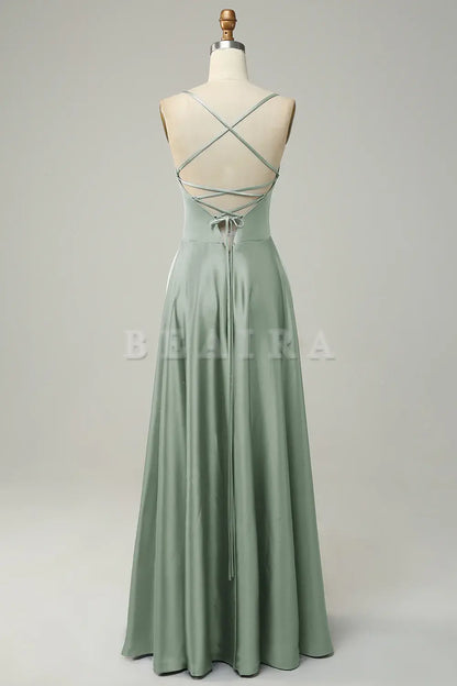 Beaira Dusty Sage A Line Spaghetti Straps Backless Satin Bridesmaid Dress Bridesmaid dress shop