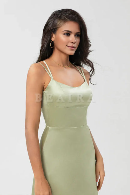 Beaira Dusty Sage A Line Spaghetti Straps Floor-Length Satin Bridesmaid Dress with Slit Bridesmaid dress shop