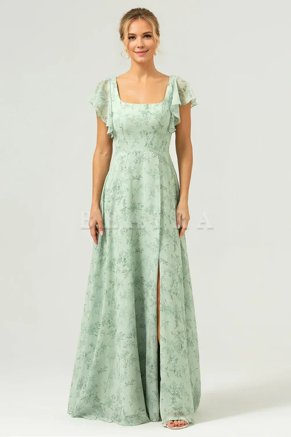 Beaira Dusty Sage A Line Square Neck Print Floor Length Bridesmaid Dress with Slit Bridesmaid dress shop