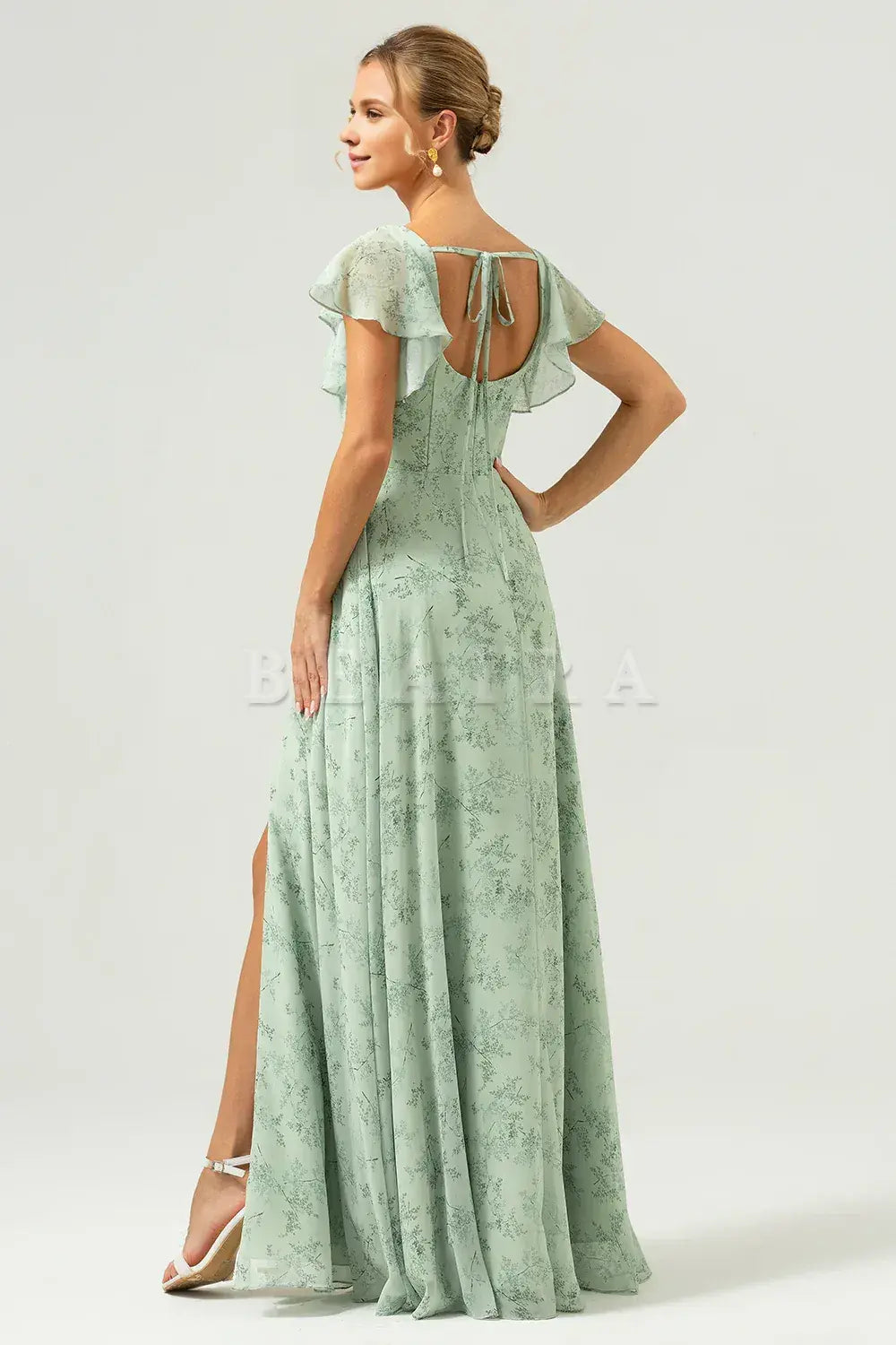 Beaira Dusty Sage A Line Square Neck Print Floor Length Bridesmaid Dress with Slit Bridesmaid dress shop