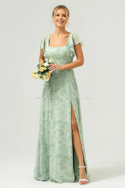 Beaira Dusty Sage A Line Square Neck Print Floor Length Bridesmaid Dress with Slit Bridesmaid dress shop