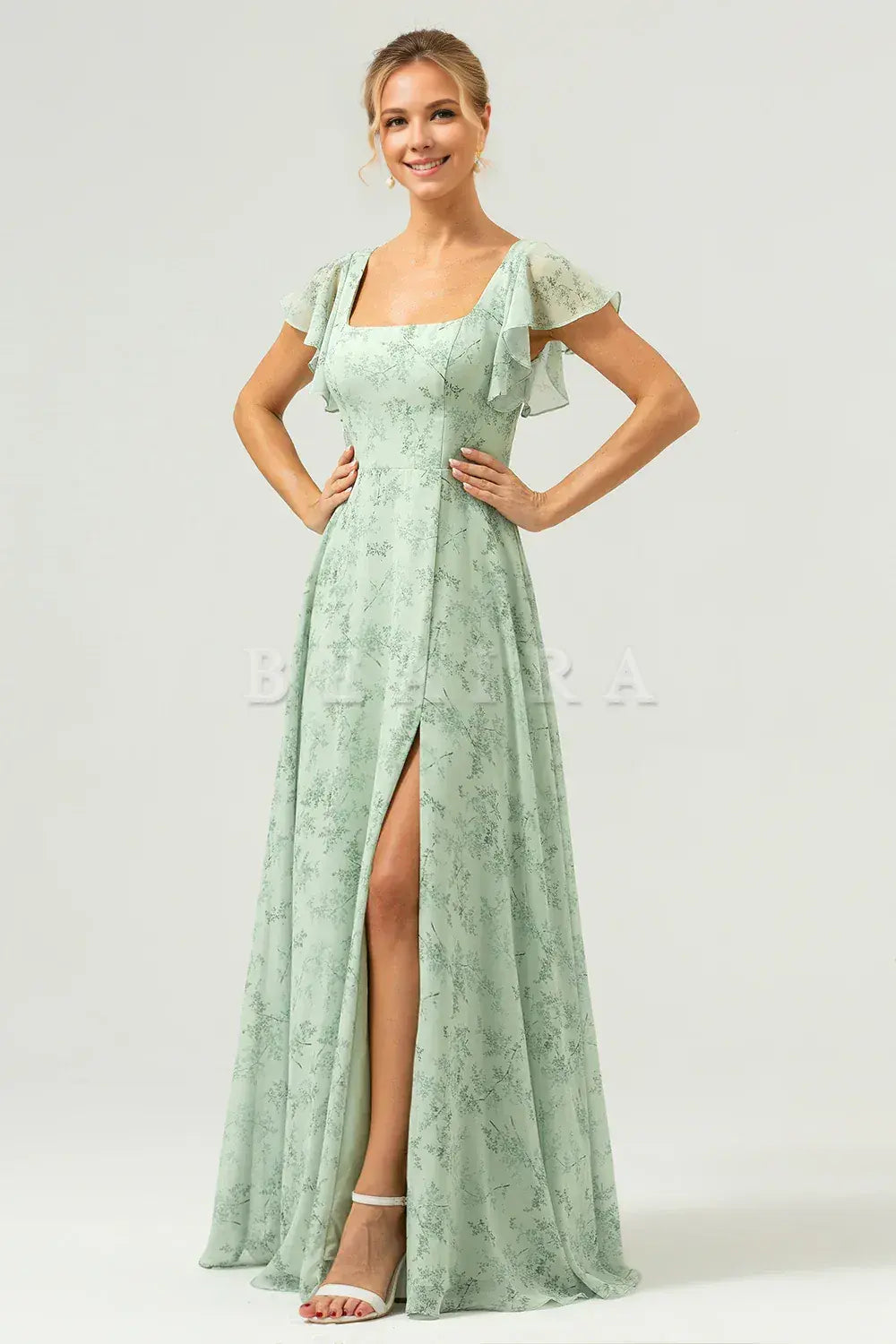 Beaira Dusty Sage A Line Square Neck Print Floor Length Bridesmaid Dress with Slit Bridesmaid dress shop