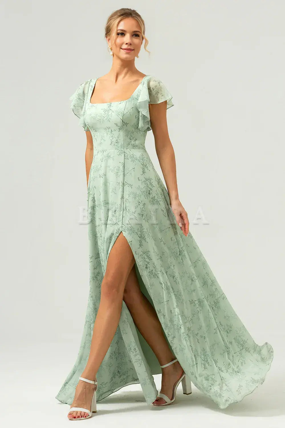 Beaira Dusty Sage A Line Square Neck Print Floor Length Bridesmaid Dress with Slit Bridesmaid dress shop