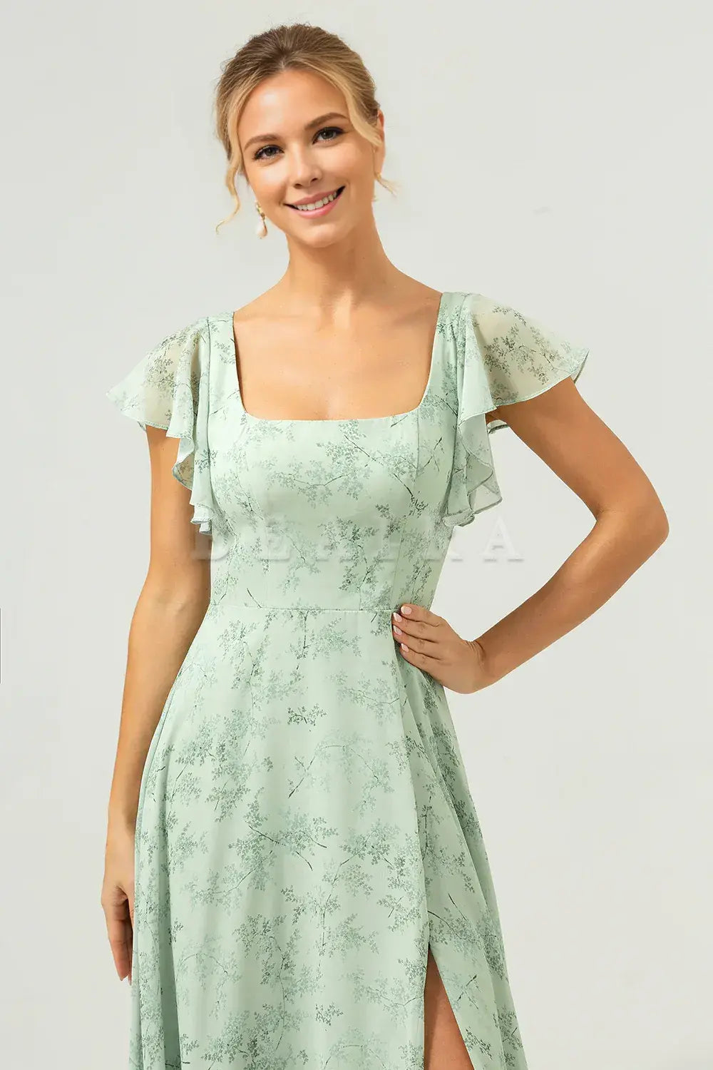 Beaira Dusty Sage A Line Square Neck Print Floor Length Bridesmaid Dress with Slit Bridesmaid dress shop