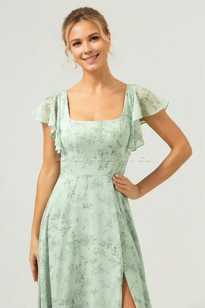 Beaira Dusty Sage A Line Square Neck Print Floor Length Bridesmaid Dress with Slit Bridesmaid dress shop