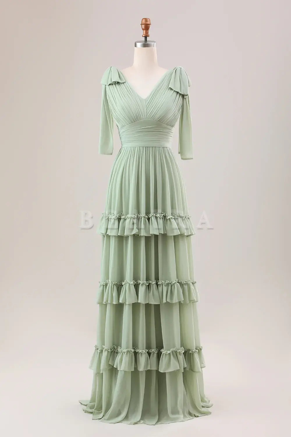 Beaira Dusty Sage A Line V-Neck Knitted Chiffon Long Bridesmaid Dress With Ruffles Bridesmaid dress shop