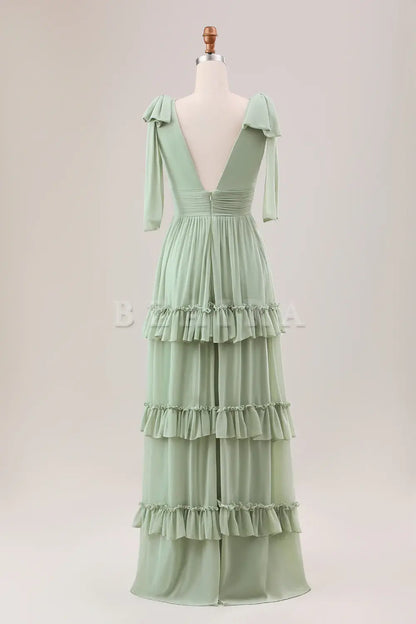 Beaira Dusty Sage A Line V-Neck Knitted Chiffon Long Bridesmaid Dress With Ruffles Bridesmaid dress shop