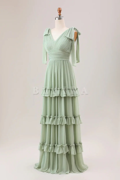 Beaira Dusty Sage A Line V-Neck Knitted Chiffon Long Bridesmaid Dress With Ruffles Bridesmaid dress shop