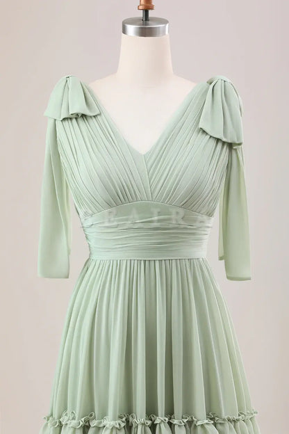 Beaira Dusty Sage A Line V-Neck Knitted Chiffon Long Bridesmaid Dress With Ruffles Bridesmaid dress shop