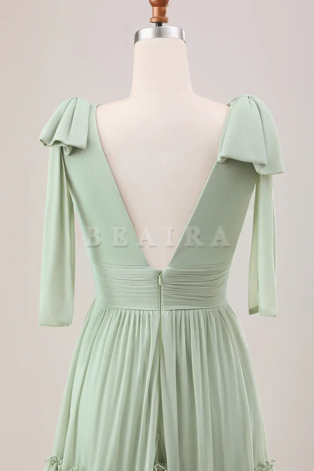 Beaira Dusty Sage A Line V-Neck Knitted Chiffon Long Bridesmaid Dress With Ruffles Bridesmaid dress shop