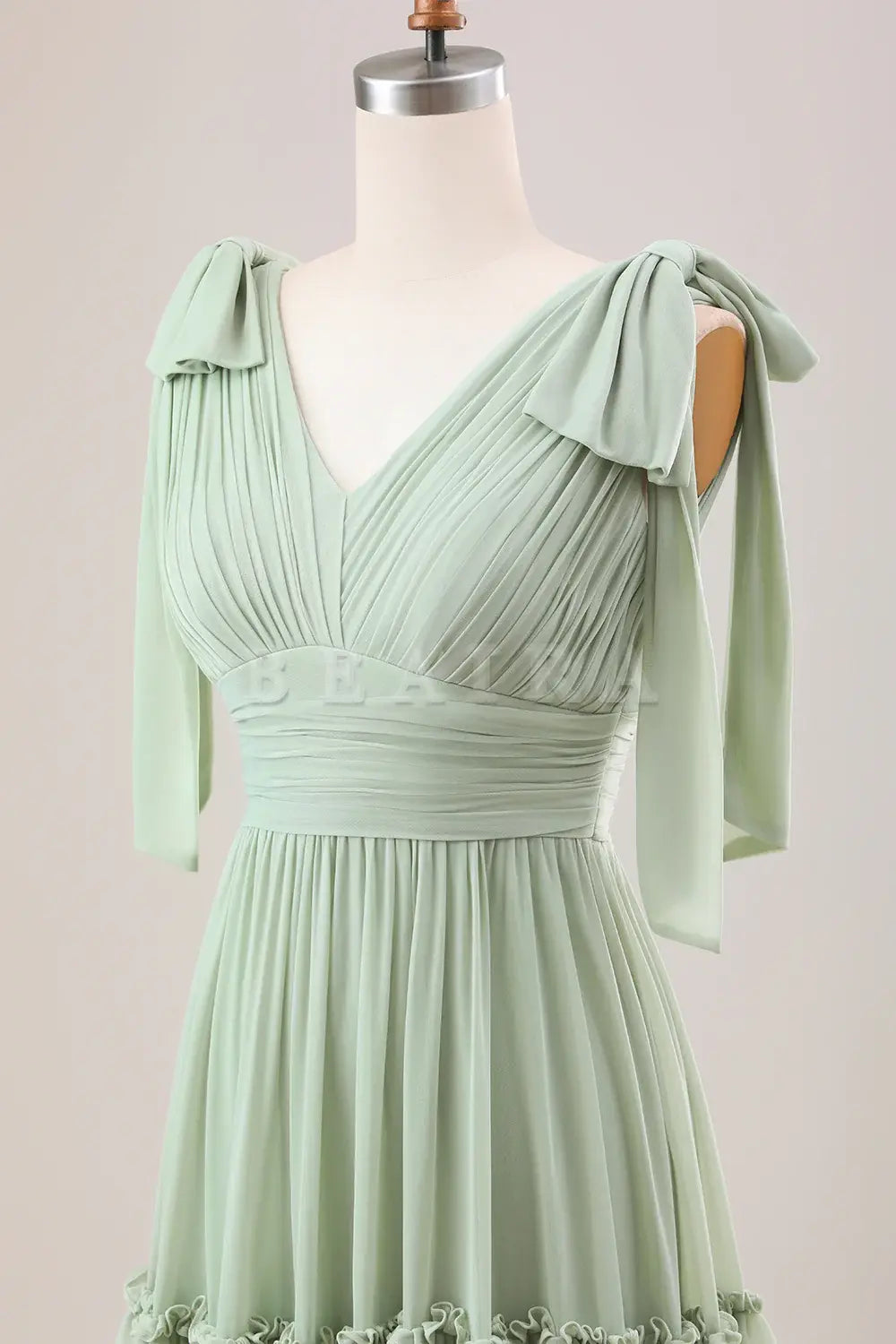 Beaira Dusty Sage A Line V-Neck Knitted Chiffon Long Bridesmaid Dress With Ruffles Bridesmaid dress shop