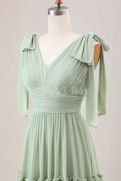 Beaira Dusty Sage A Line V-Neck Knitted Chiffon Long Bridesmaid Dress With Ruffles Bridesmaid dress shop