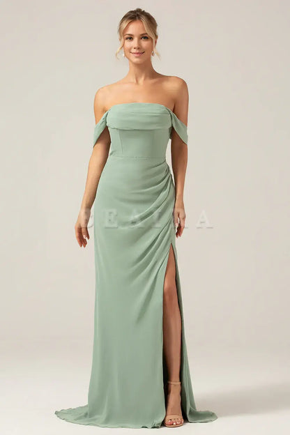 Beaira Dusty Sage Sheath Off the Shoulder Pleated Chiffon Bridesmaid Dress With Slit Bridesmaid dress shop