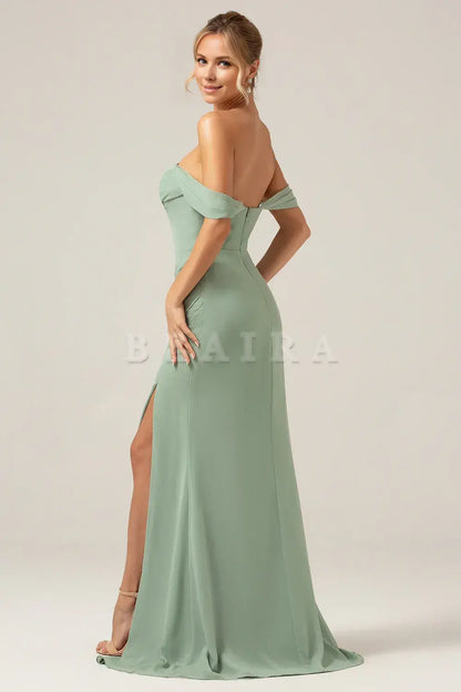 Beaira Dusty Sage Sheath Off the Shoulder Pleated Chiffon Bridesmaid Dress With Slit Bridesmaid dress shop