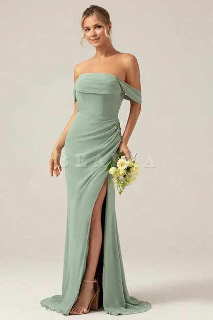 Beaira Dusty Sage Sheath Off the Shoulder Pleated Chiffon Bridesmaid Dress With Slit Bridesmaid dress shop