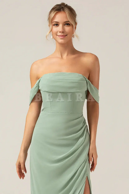 Beaira Dusty Sage Sheath Off the Shoulder Pleated Chiffon Bridesmaid Dress With Slit Bridesmaid dress shop