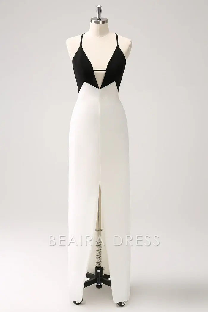 Beaira Elegance Black White Sheath Spaghetti Straps Long Prom Dress With Front Split - Black+White