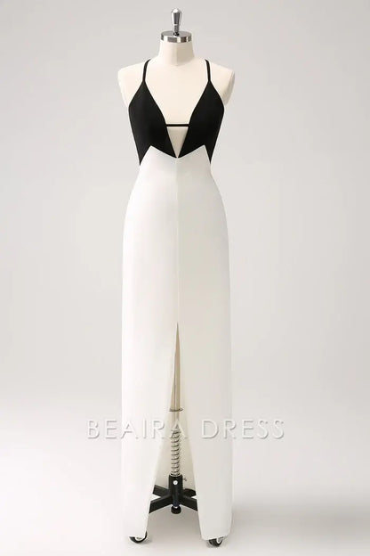 Beaira Elegance Black White Sheath Spaghetti Straps Long Prom Dress With Front Split - Black+White