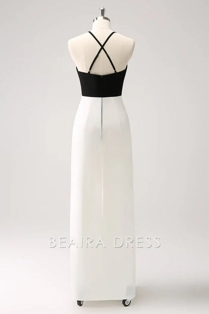 Beaira Elegance Black White Sheath Spaghetti Straps Long Prom Dress With Front Split - Black+White