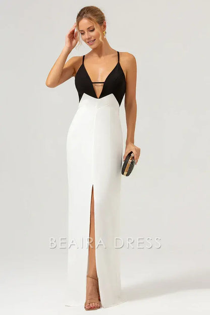 Beaira Elegance Black White Sheath Spaghetti Straps Long Prom Dress With Front Split - Black+White