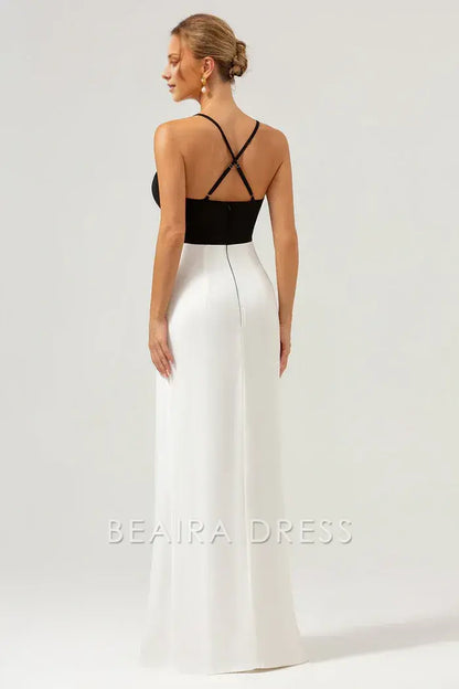 Beaira Elegance Black White Sheath Spaghetti Straps Long Prom Dress With Front Split - Black+White
