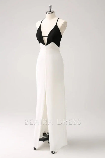 Beaira Elegance Black White Sheath Spaghetti Straps Long Prom Dress With Front Split - Black+White