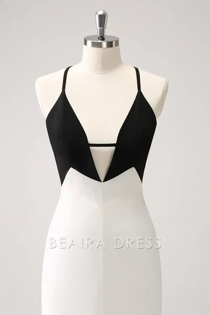 Beaira Elegance Black White Sheath Spaghetti Straps Long Prom Dress With Front Split - Black+White