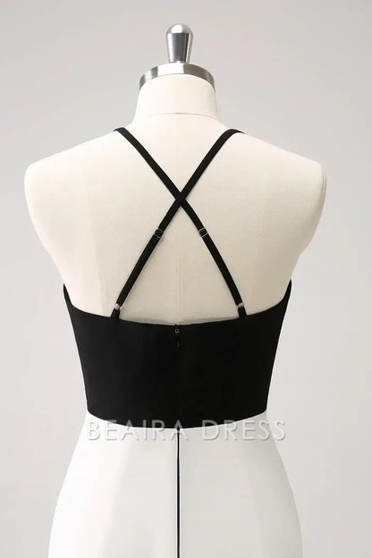 Beaira Elegance Black White Sheath Spaghetti Straps Long Prom Dress With Front Split - Black+White