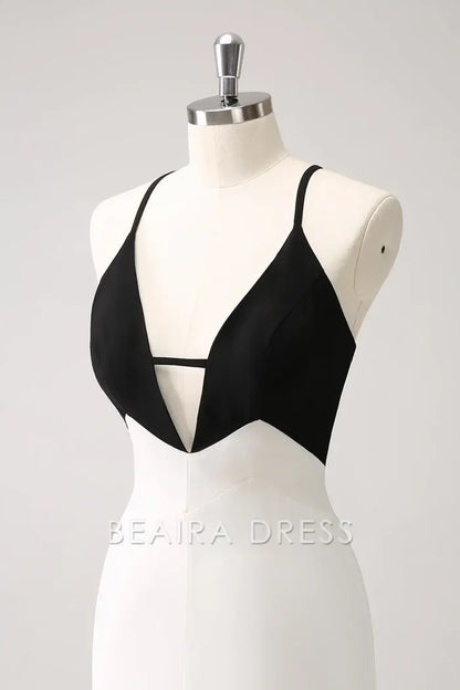Beaira Elegance Black White Sheath Spaghetti Straps Long Prom Dress With Front Split - Black+White