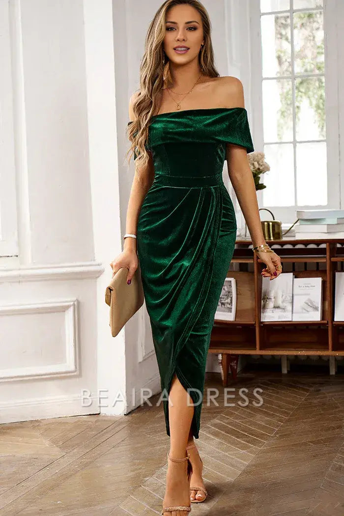 Beaira Elegance Dark Green Off the Shoulder Velvet Wrap Long Prom Dress - Dark Green