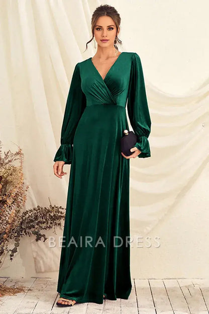 Beaira Elegance Dark Green V Neck Velvet Wrap Long Prom Dress with Long Sleeves - Dark Green