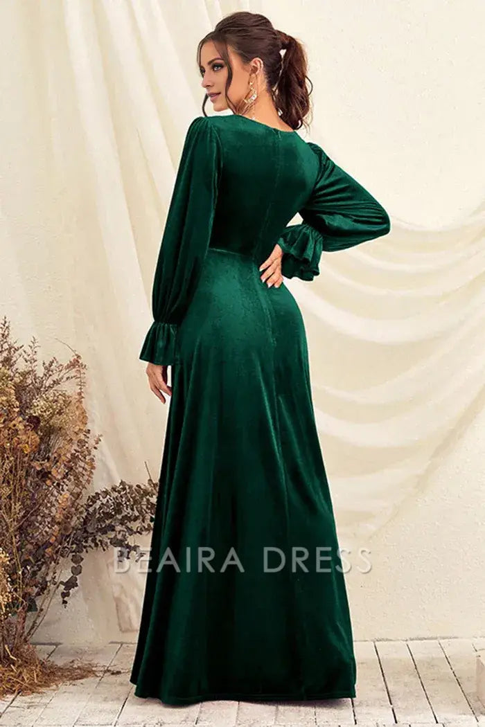 Beaira Elegance Dark Green V Neck Velvet Wrap Long Prom Dress with Long Sleeves - Dark Green